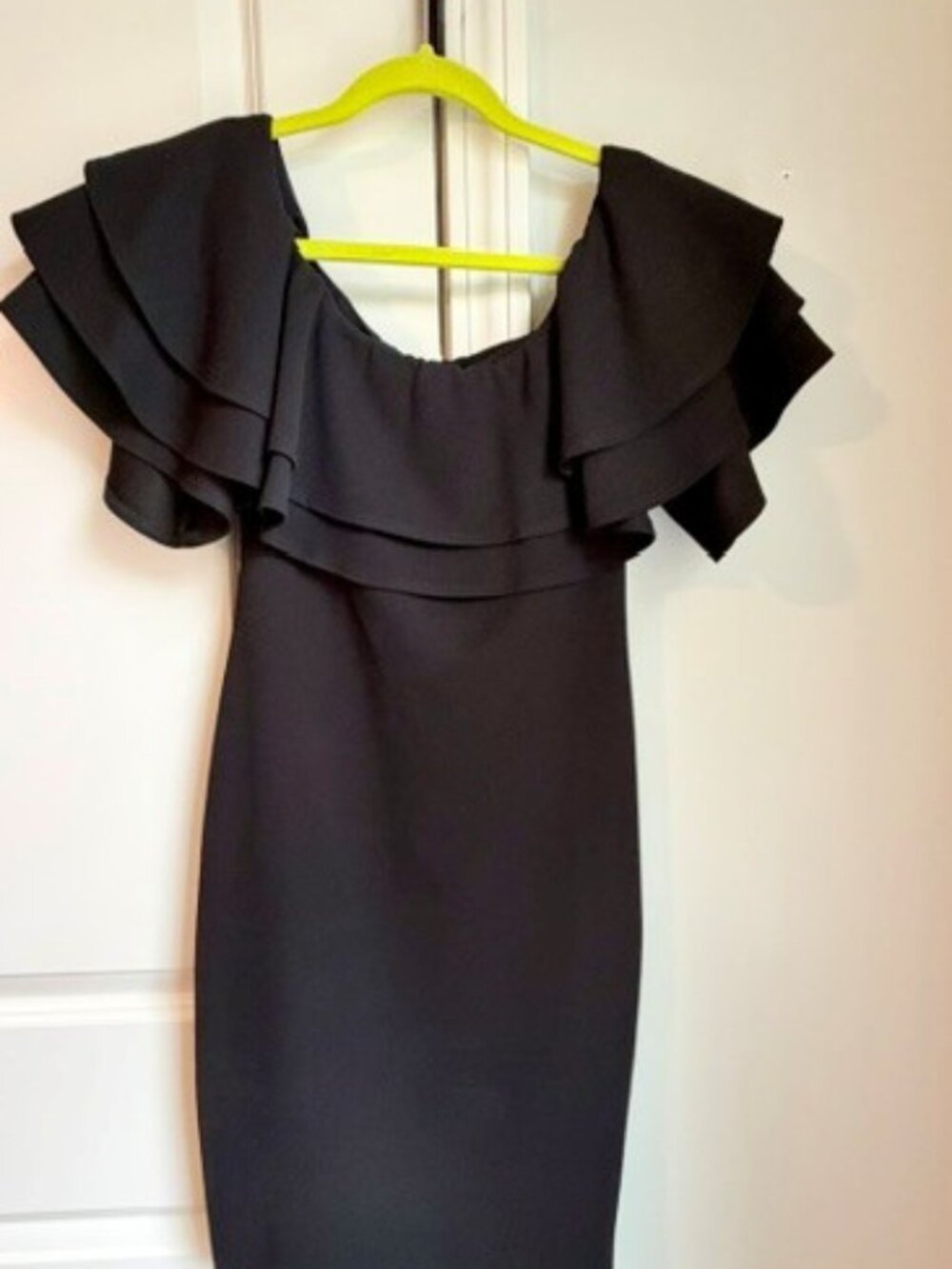 BLVD Black Off-The-Shoulder Ruffle Bodycon Mini Dress.